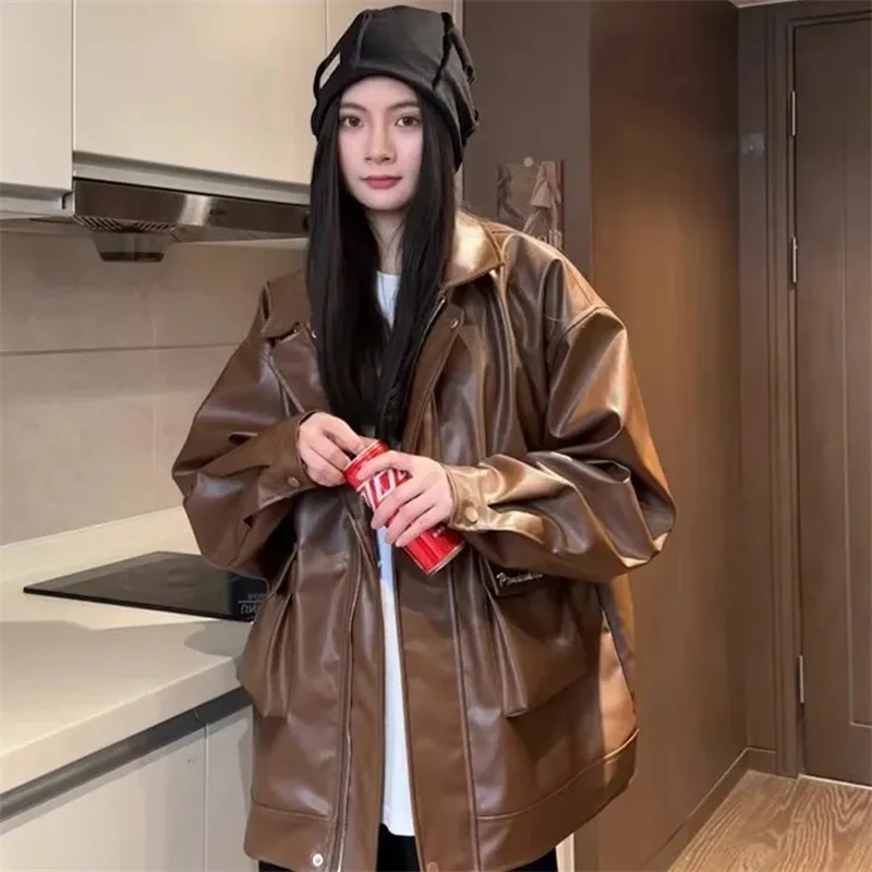 Jesienny Trend Damski Skórzany Płaszcz Retro Moda Damska Sztuczna Skóra Odzież Wierzchnia Damska Wysokiej Jakości Kurtka Motocyklowa z PU