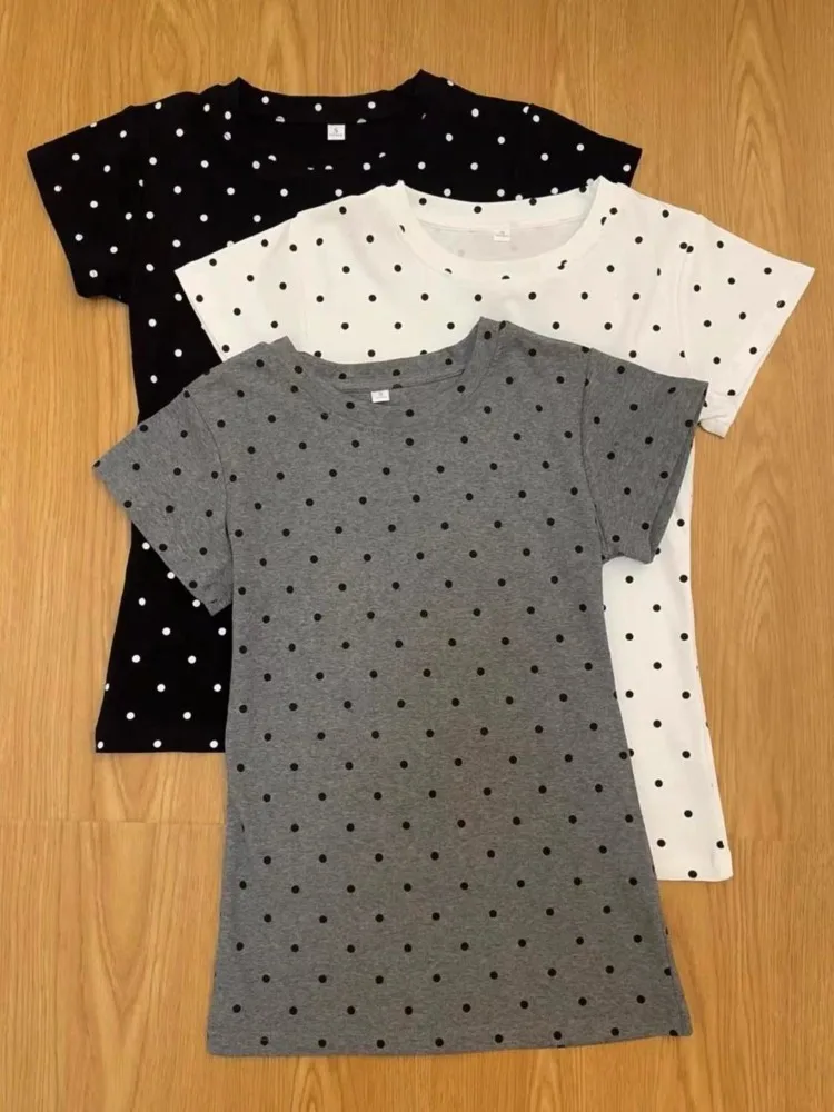 

American Vintage Wave Point Top for Women Summer Slim Waist Short Sleeve T-shirts Fashion Trend All-match Black Tee Shirt