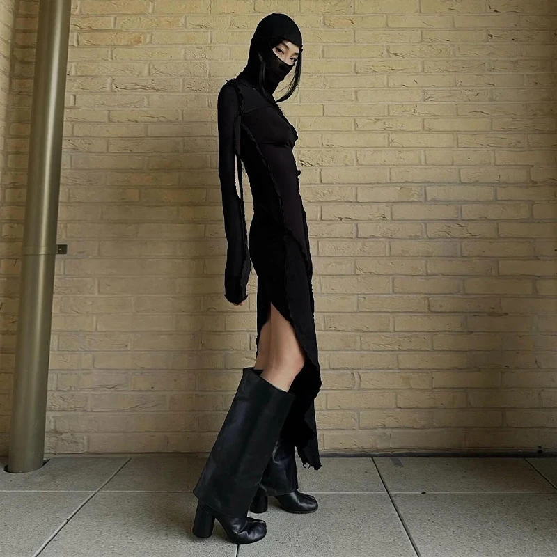 خريف جديد لون نقي مقنعين ذوي الياقات العالية المروع الجوف خارج كم طويل فستان المرأة العصرية النمط الأوروبي والأمريكي