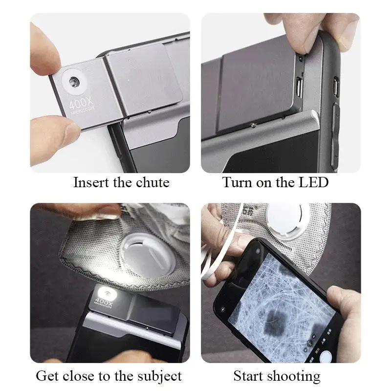 Universal 400X Microscope Phone Lens Kits Tiny and portable for iPhone 11 12 13 14 Pro Max MINI with Battery LED Transmits Light