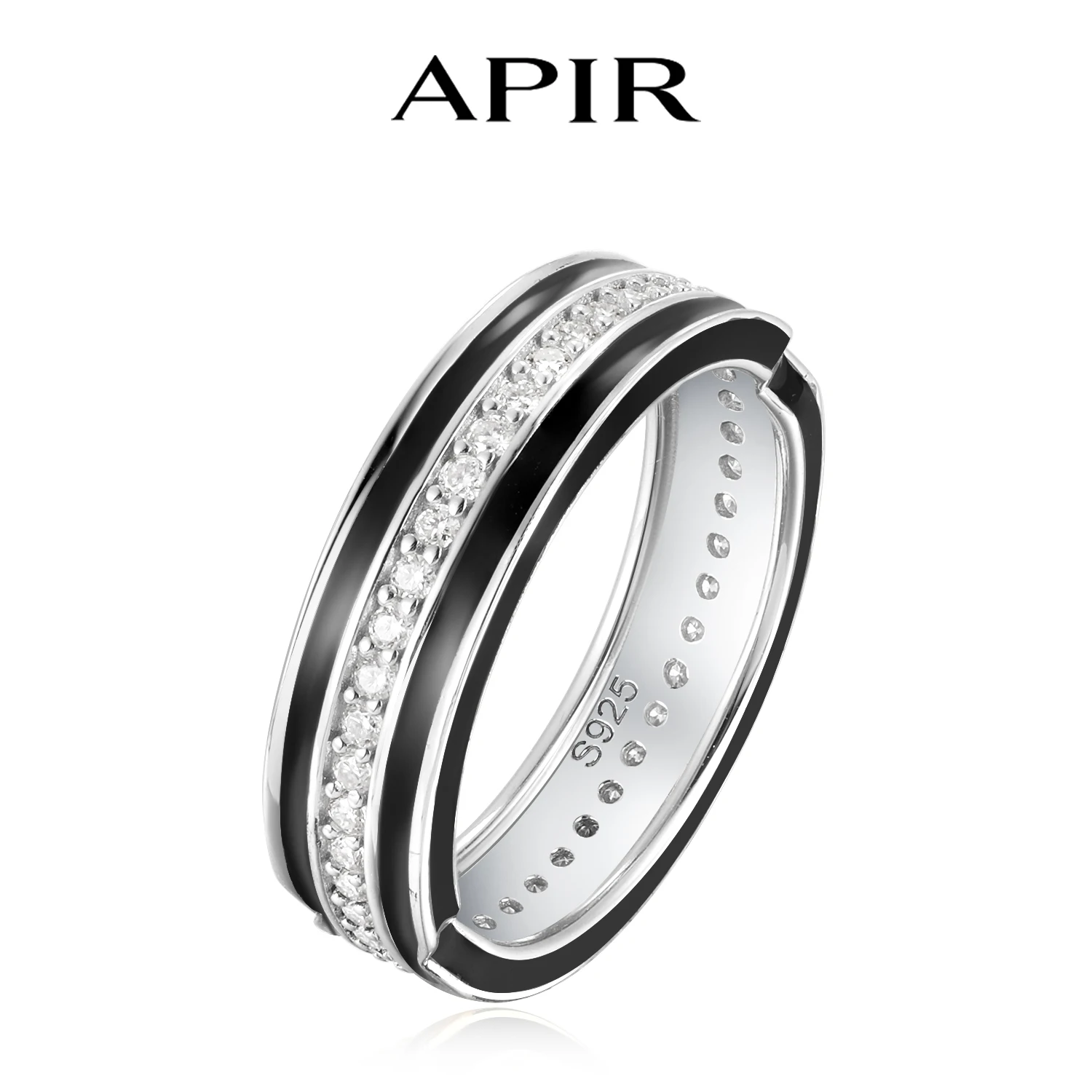 

APIR Moissanite Diamonds Rings Unisex Black Enamel Accent Elegant Stackable Ring 925 Sterling Silver Fashion Jewelry Wholesale