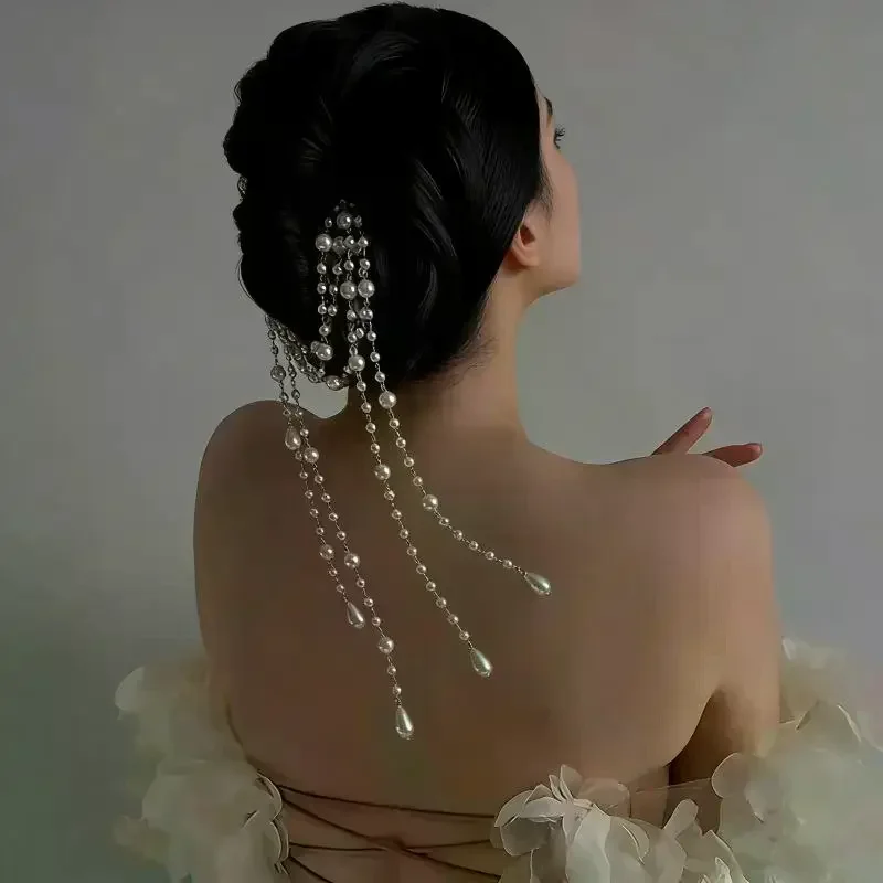 Imitation Pearl Tassel Beaded Hair Clip - Retro Elegant Versatile Pin Light Luxury High-End Hair Accessories