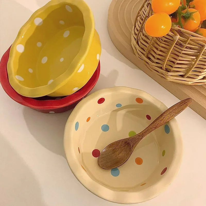 5.5 Inch Lace Polka Dot Bowl Ceramics Fruit Bowl Household Salad Dish Cute Korean Style Dessert Circular Yogurt Baking Tableware