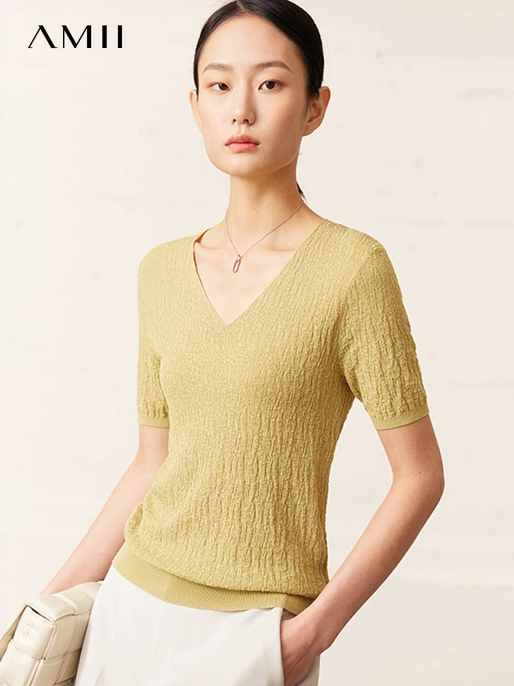 

AMII Minimalism 2023 Summer New Solid Slim Female Knitted Pullovers Lady Knitwears V Neck Chic Fold Womens Clothing 72342003