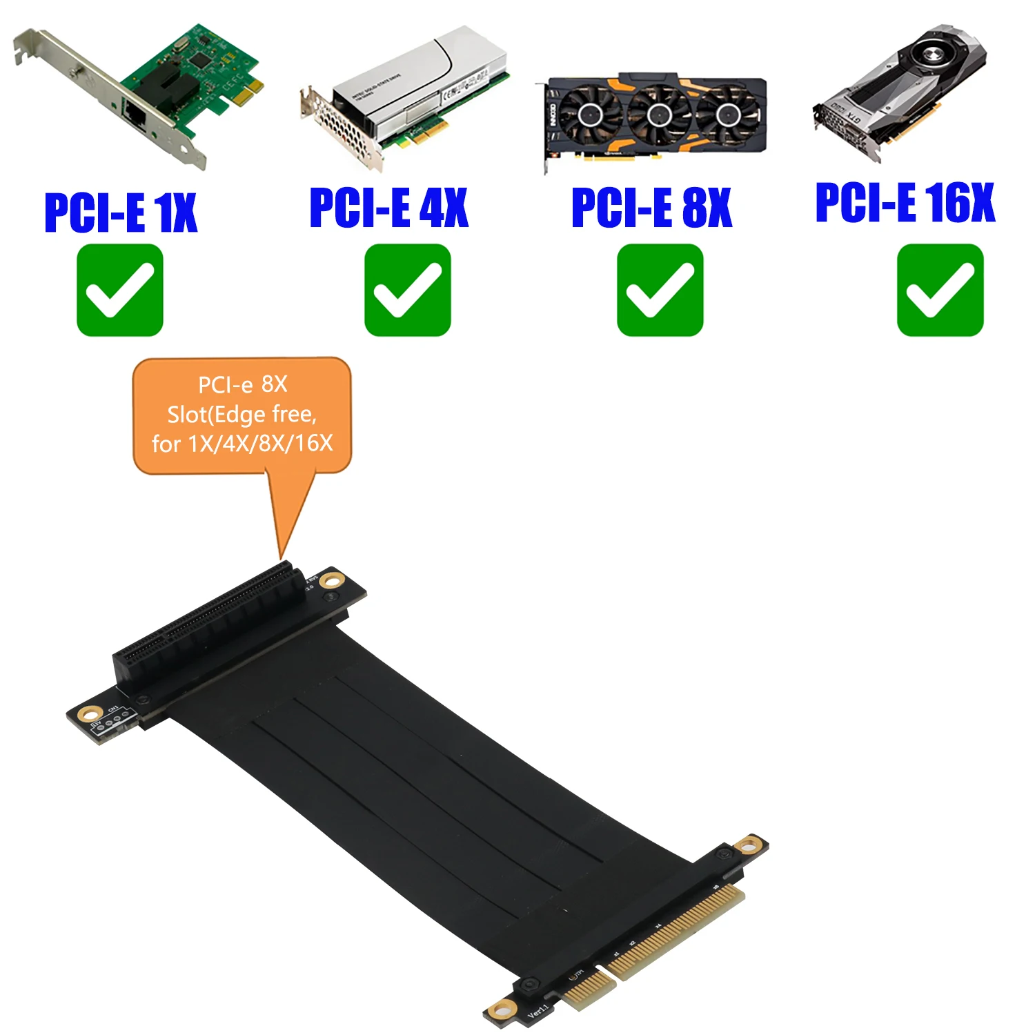 PCIE X8 라이저 케이블, PCI 익스프레스 익스텐션 케이블, PCIe 3.0, 8Gbps X8-x8 포트 어댑터 커넥터, 270 도 역방향 PCI-E 익스텐더