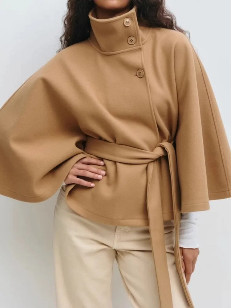 Casual Y2K Coats Women's Autumn Winter New Fashion Solid Color Cloak Stand Collar Button Belt Windbreaker Jacket Women Clothes
