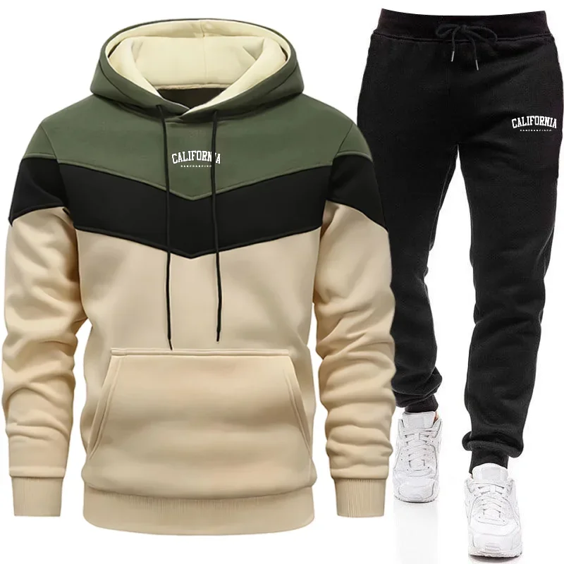 Men's Tracksuit Printing Casual Tricolor Splice Sweatshirt Daily Sports Jogging Clothing Autumn Winter Warm Single Hoodies Pants
