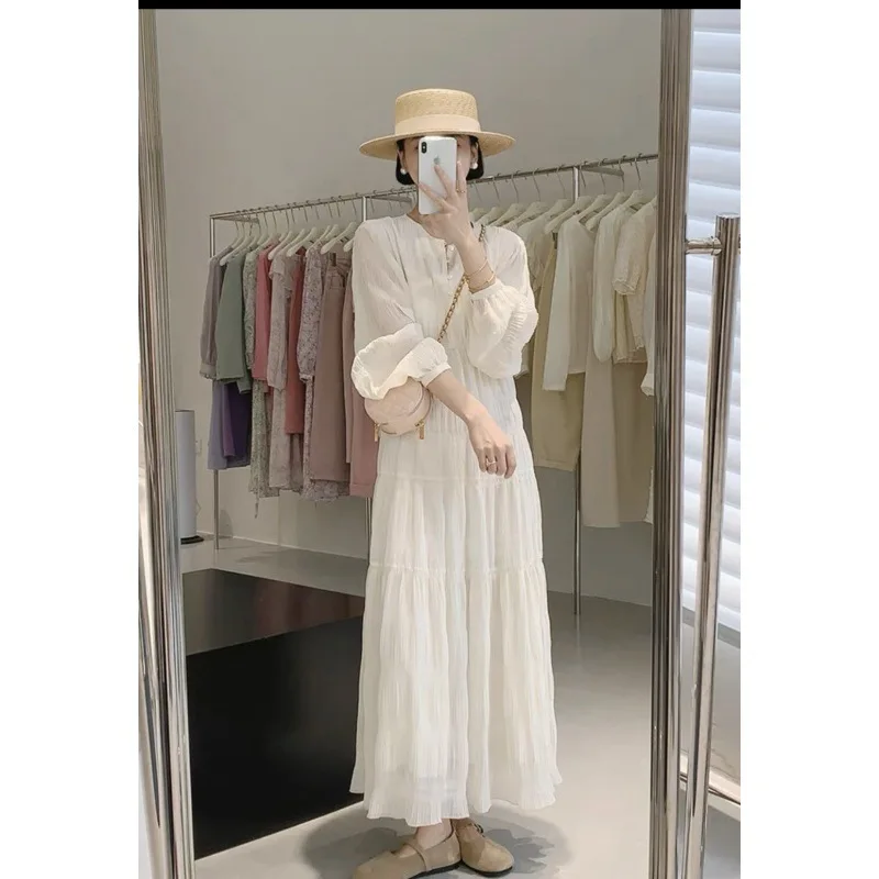 

2025 New Woman's Solid Loose Dress Bohemian Lantern Sleeve Pleated Robe Women Vestidos De Mujer Tunic Temperament Maxi Dresses