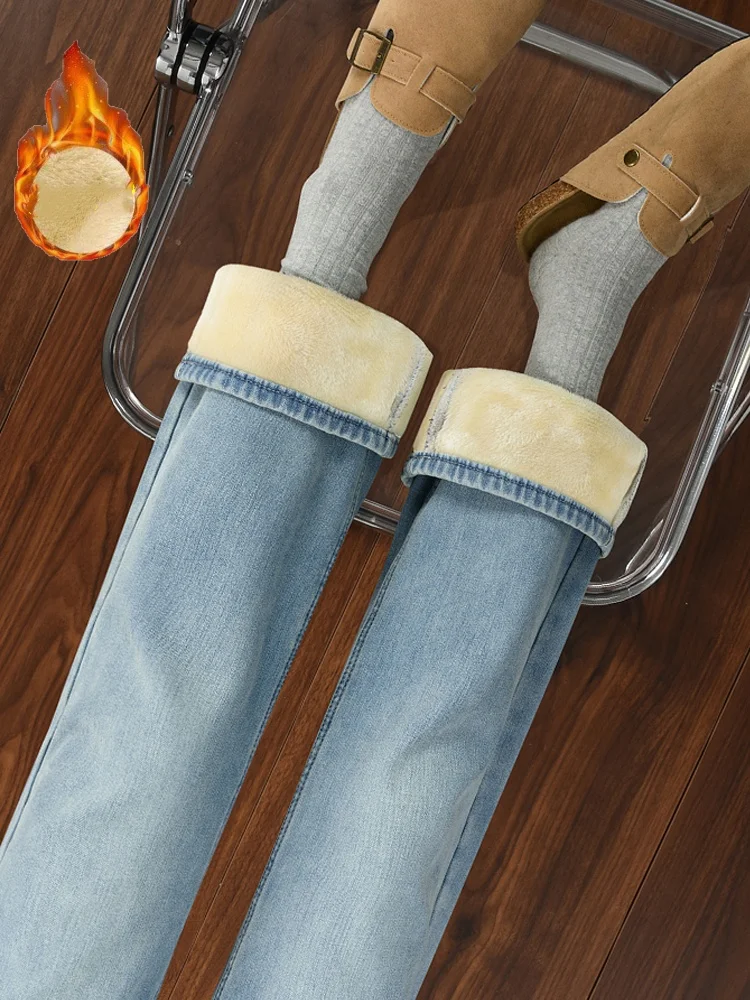 

Женские джинсы Slim Fit прямого кроя с высокой талией, на флисовой подкладке, осенне-зимние, модные, больших размеров, широкие брюки