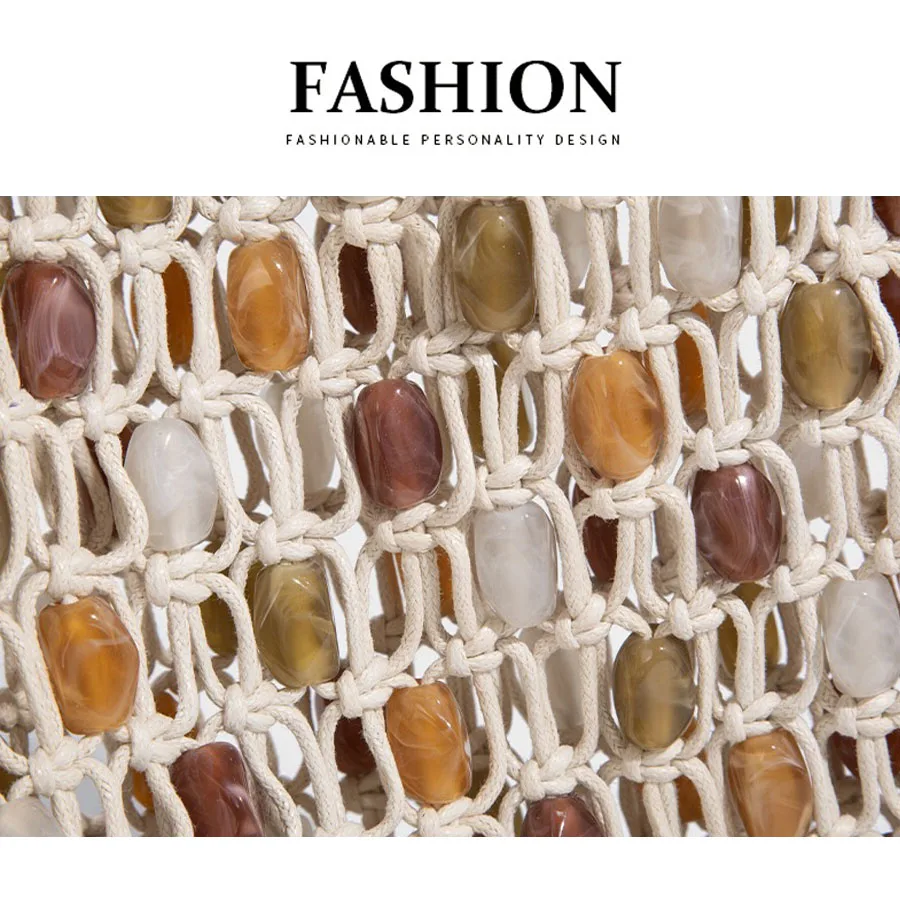 Women Beaded Bag Summer Design Hollow-out Woven Bead Tote Bag Shoulder Bag Female Small Handbag With Inner Bag