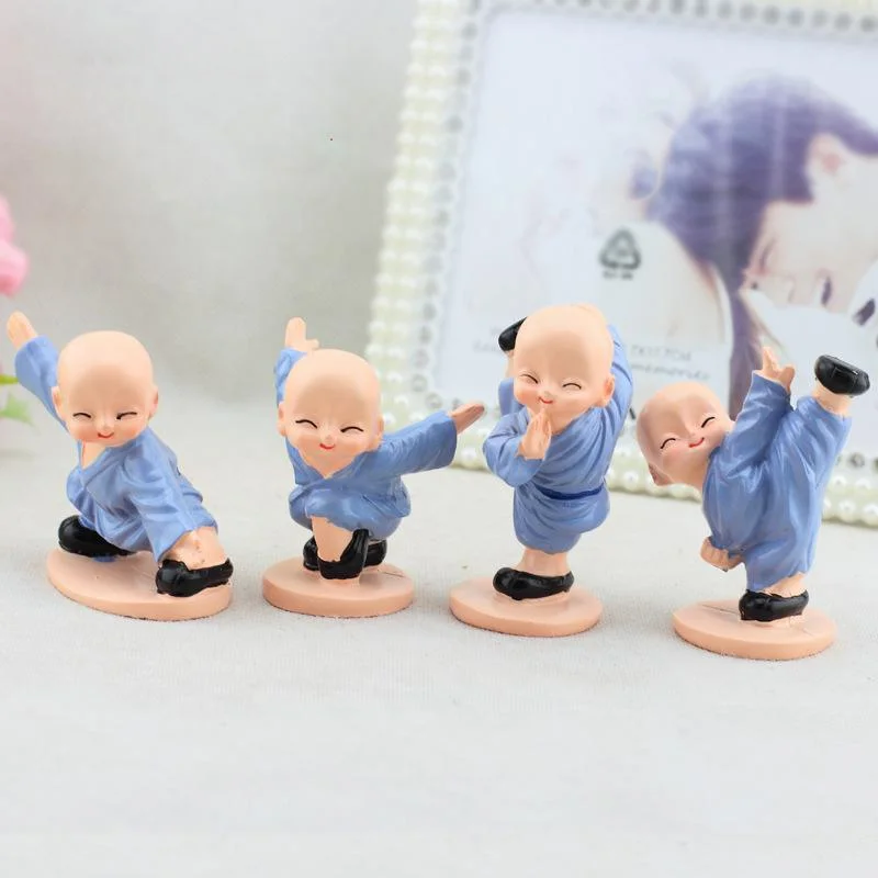 Little Monk Kung Fu Boy Resin Figurine Ornaments, Kawaii Shaolin Monk Desk Miniatures, Children's Gifts, Home Decor, 4Pcs