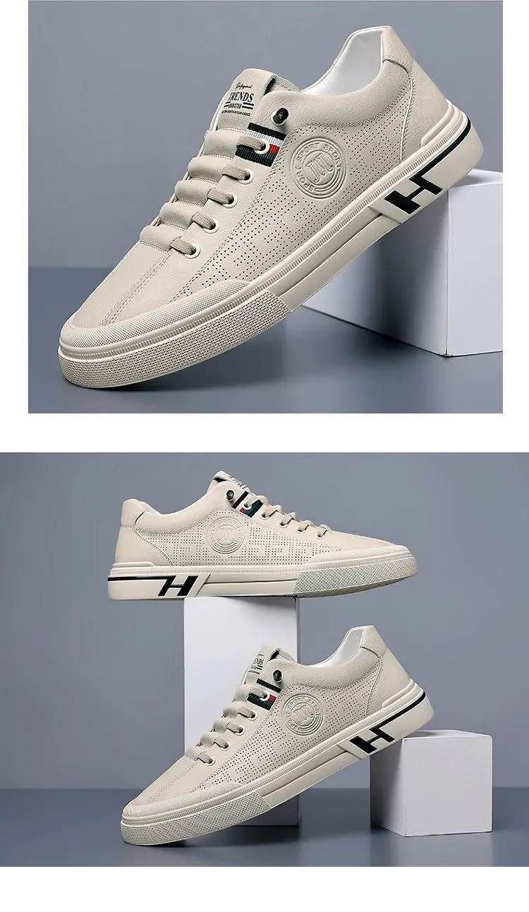 New Men Breathable White Shoes Athleisure Style Trend Versatile Comfortable Beige Sneakers Hollow Walking Running Footwear