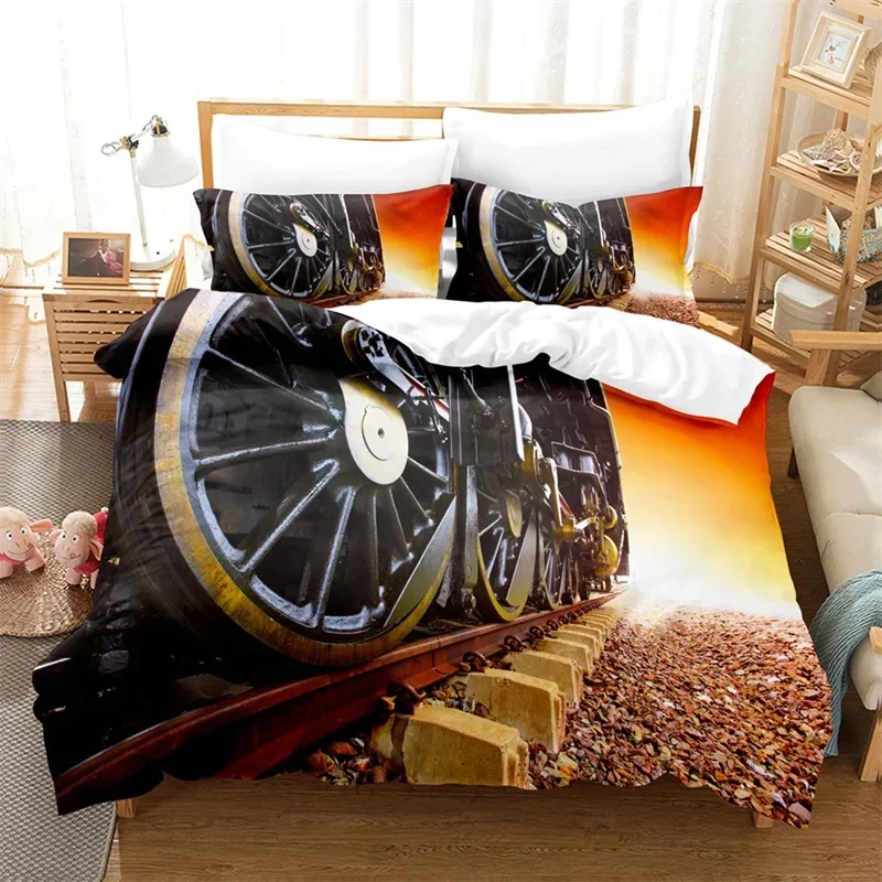 Steam Engine Duvet Cover Queen Retro Train Bedding Set Microfiber Rail Road Comforter Cover Country Locomotive Bedspread Cover