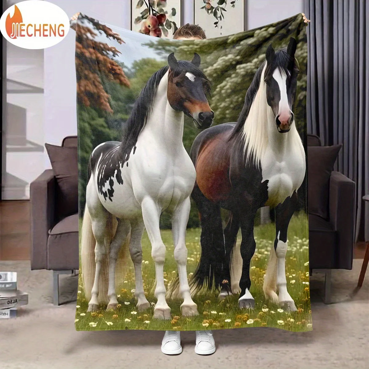 Green Meadow Background Two Pinto Horses Wild Daisy Tree Flannel Throw Blanket, Soft Sofa Blanket, Western Animal Decor Gift