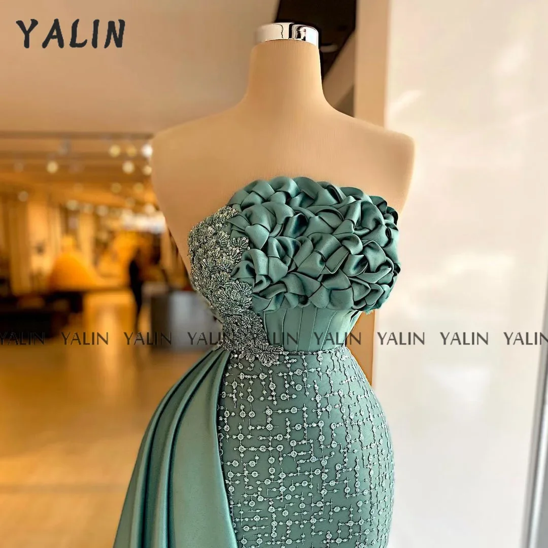 Customized Green Evening Dress Mermaid Prom  Scalloped Neck Sleeveless Sweep Train Hand Pleated Sequined abiti da cerimonia