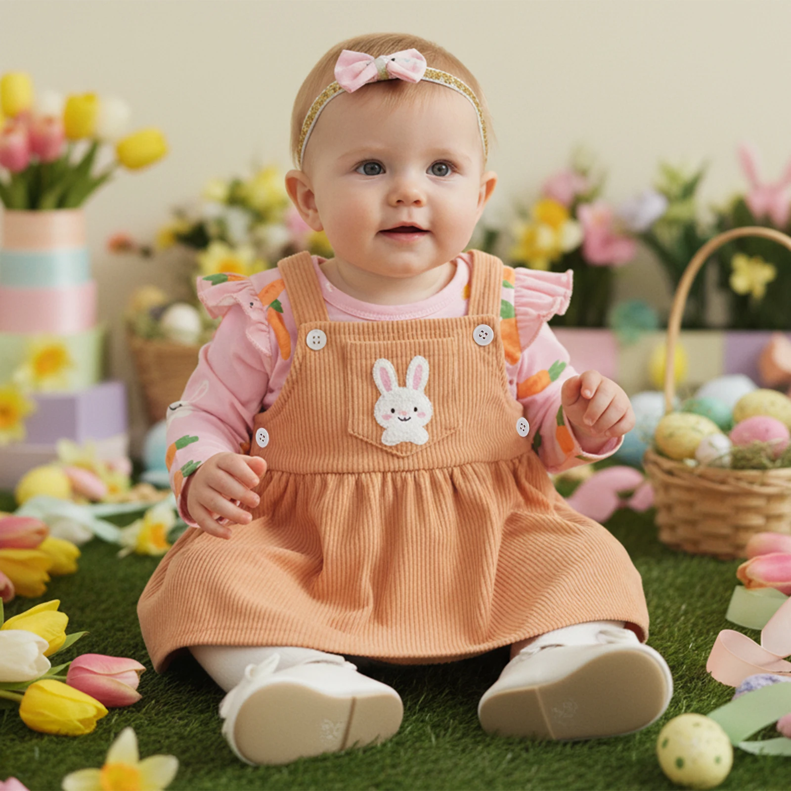 Baby Girl Easter Clothing Set Cute Bunny Carrot Printed Long Sleeve Romper with Dress, Headband 3Pcs Outfit