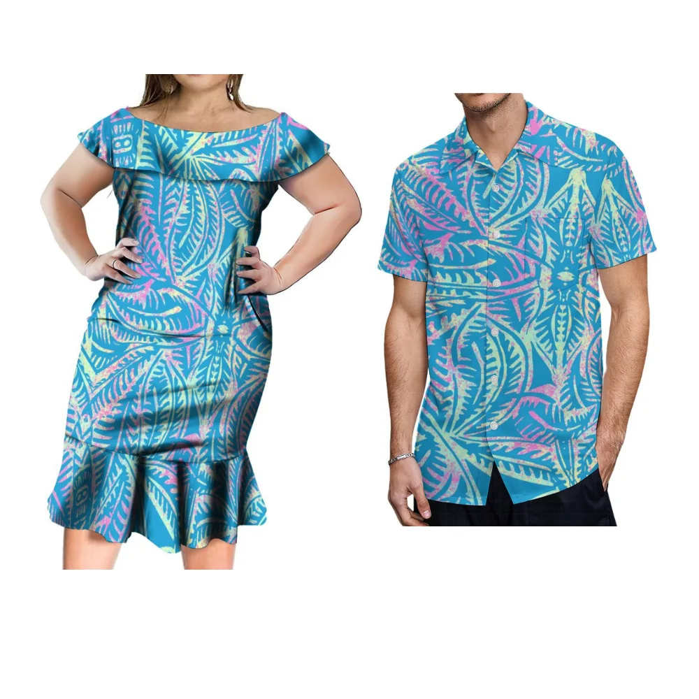 

High Quality Women's One-Line Neck Peplum Fashion Short Skirt With Men's Shirt Polynesian Tribal Print Custom Matching Couples