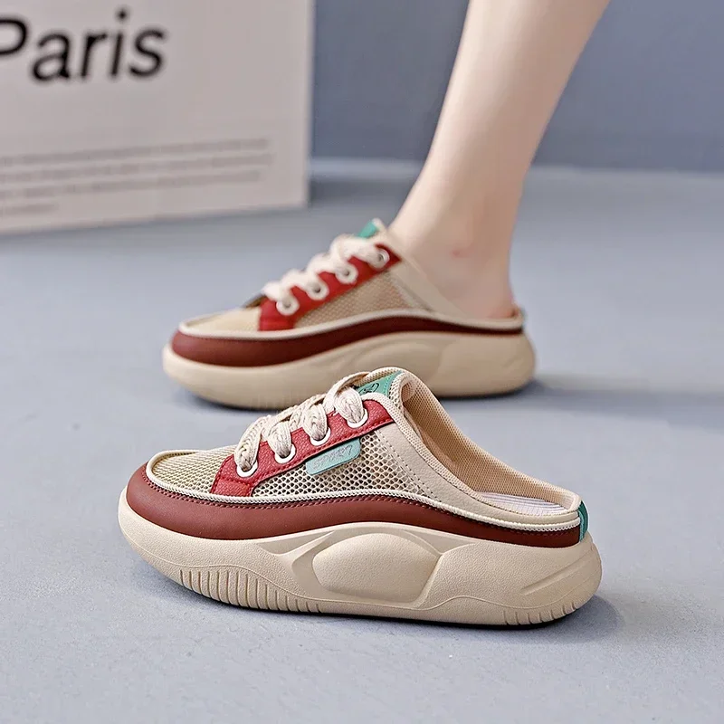 New Women's Shoes 2024 Fashionable Mesh Breathable Women's Slippers Color Matching Lace-up Toe-toe Mid-heel Women's Slippers