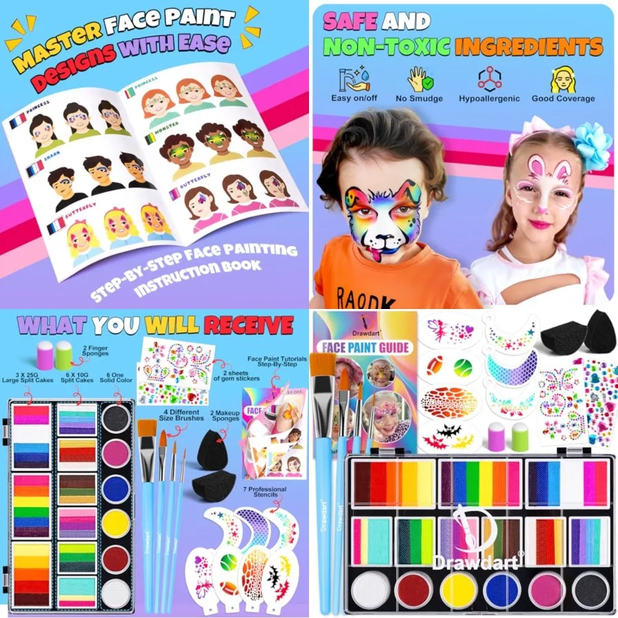 

Drawdart Professional Face Painting Kit for Adults Large Split Cake Face Paint Palette with Stencils Book Easy to Use and Safe