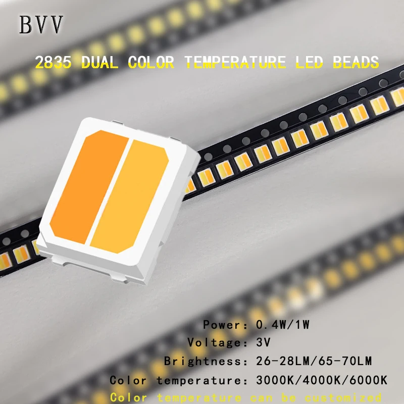 100PCS 2835 dual color temperature SMD LED beads, power: 0.4W/1W, voltage: 3V, color temperature: 3000K+6000K