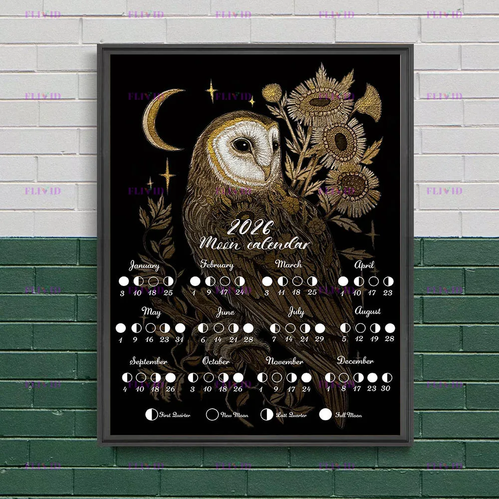 2026 Dark Witchy Bird Moon Calendar Poster Print,Owl & Raven & Dove 2026 Lunar Phase Calendar Wall Art Canvas Painting Decor