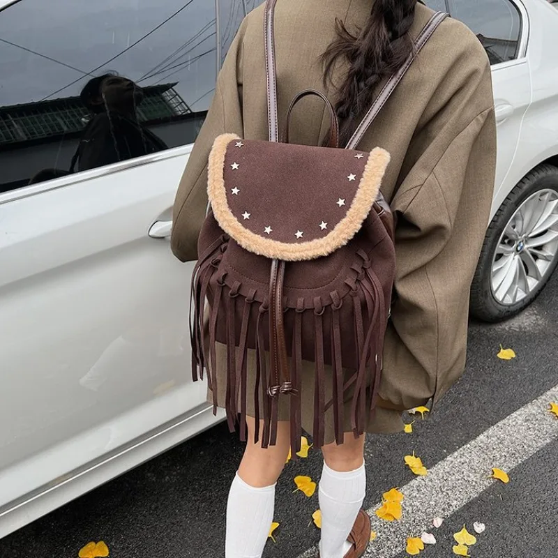 

Richme Maillard Vintage Women Backpacks 2025 Fashion Designer Tassel Rivet Mochilas Para Mujer Trend Aesthetic Daily Bag Female