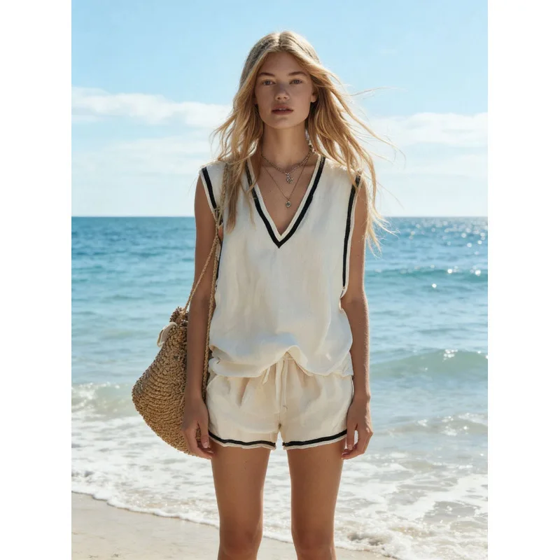

2026 New Womenswear V Neck Tank Top Shorts Solid Color Casual Two Piece Set Fashion Elegant Temperament