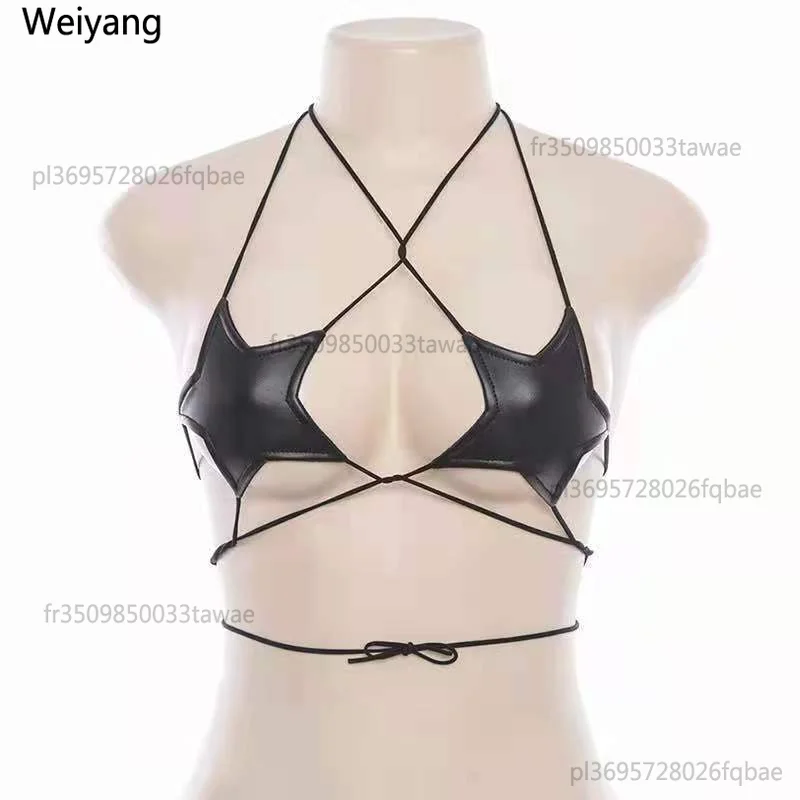 Sexy Damen Leder-BH in Sternform mit Trägern, Bustier Crop Top Bralette, Neckholder-Bandage-BH, reflektierendes Silber, Nachtclub-Weste