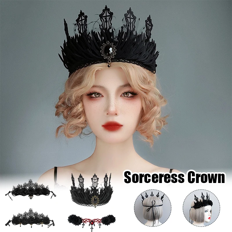 Wwdding Black Gothic Dark Style Queen Crown Bridal Tiara Headband Princess Crown Garland Lolita Accessory for Halloween