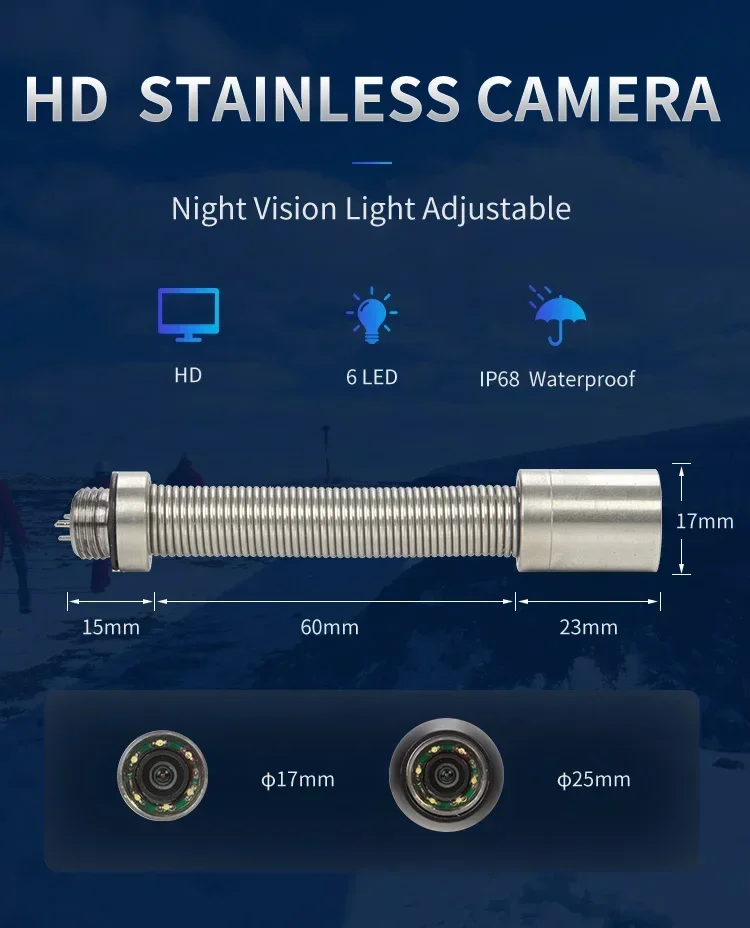 Pipe Inspection Camera 17mm Len 4.3'' TFT LCD Monitor 6pcs LEDs with DVR 16GB FT Card Industrial Endoscope IP68 8500MHA Battery