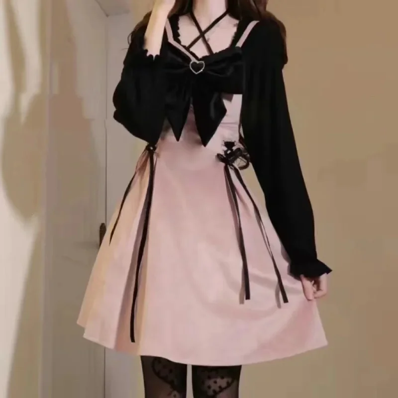 Robe mi-longue en velours pour femmes, Style japonais Kawaii, noir, rose, écharpe, douce princesse Lolita, avec nœud, taille haute, bretelles, automne 2025