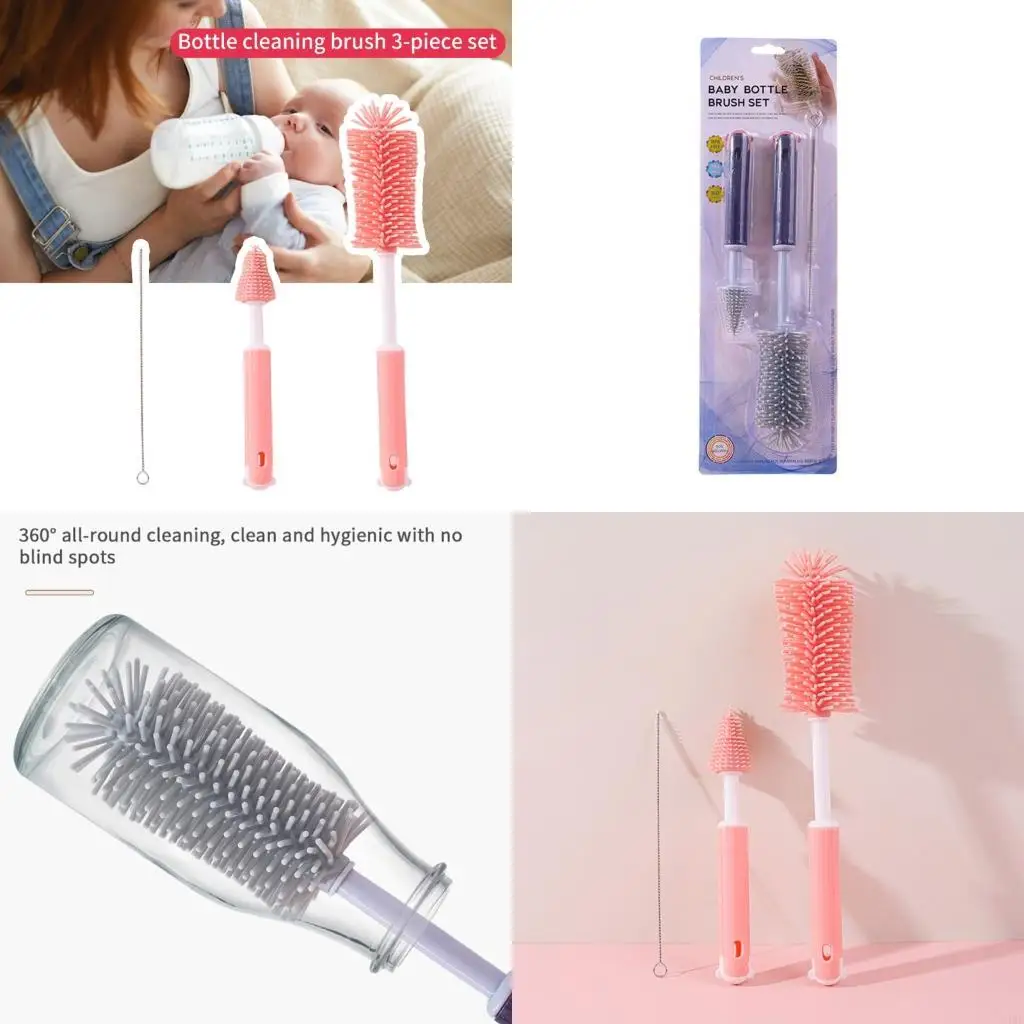 

3 Piece Silicone Baby Bottle Brush Set Long Handle Nipple Straw Cleaning 24BE