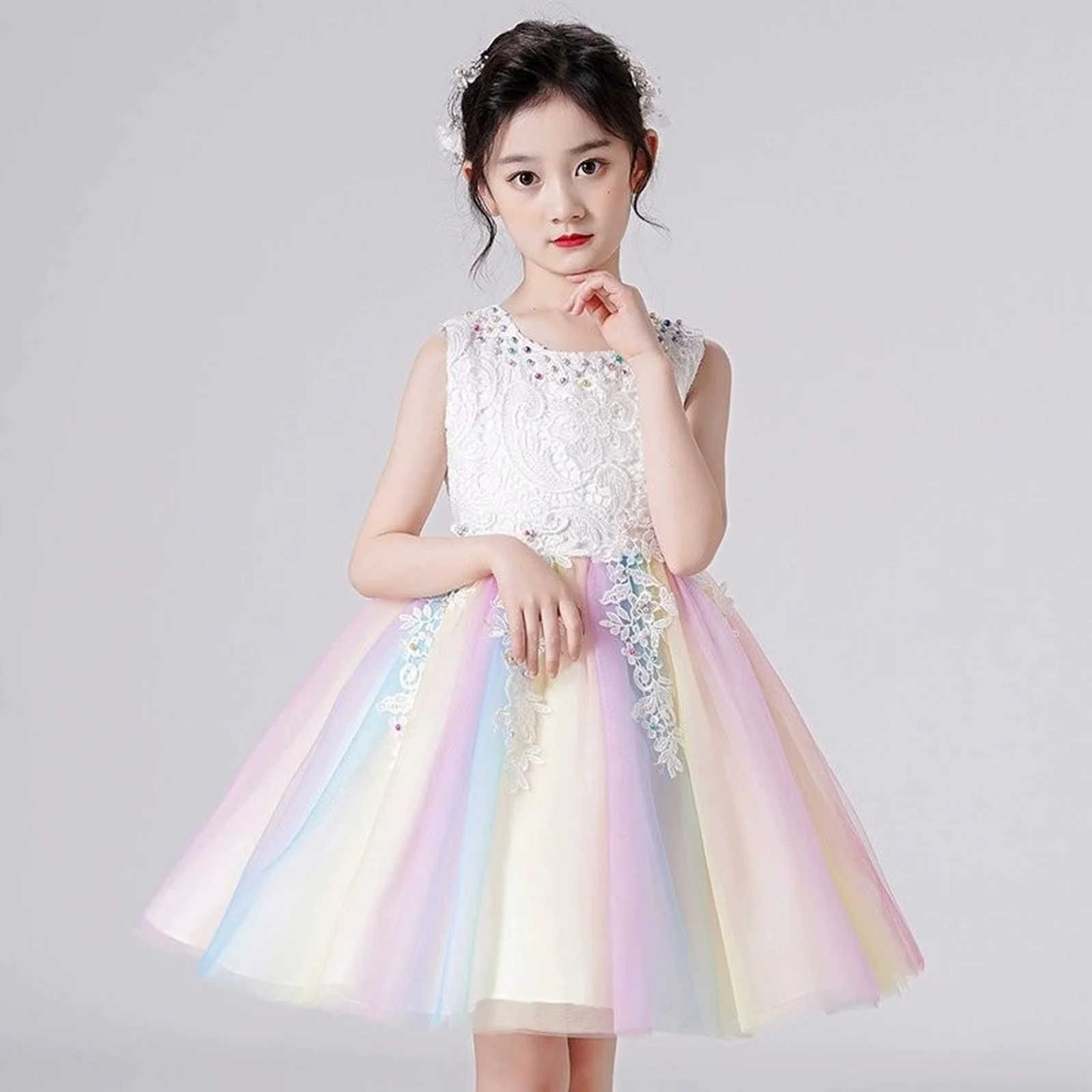 

4-12 Flower Dress Wedding Party Clothing Frock Flower Beading Gown Princess Summer Short Dress Costumes Girl Kid Dress