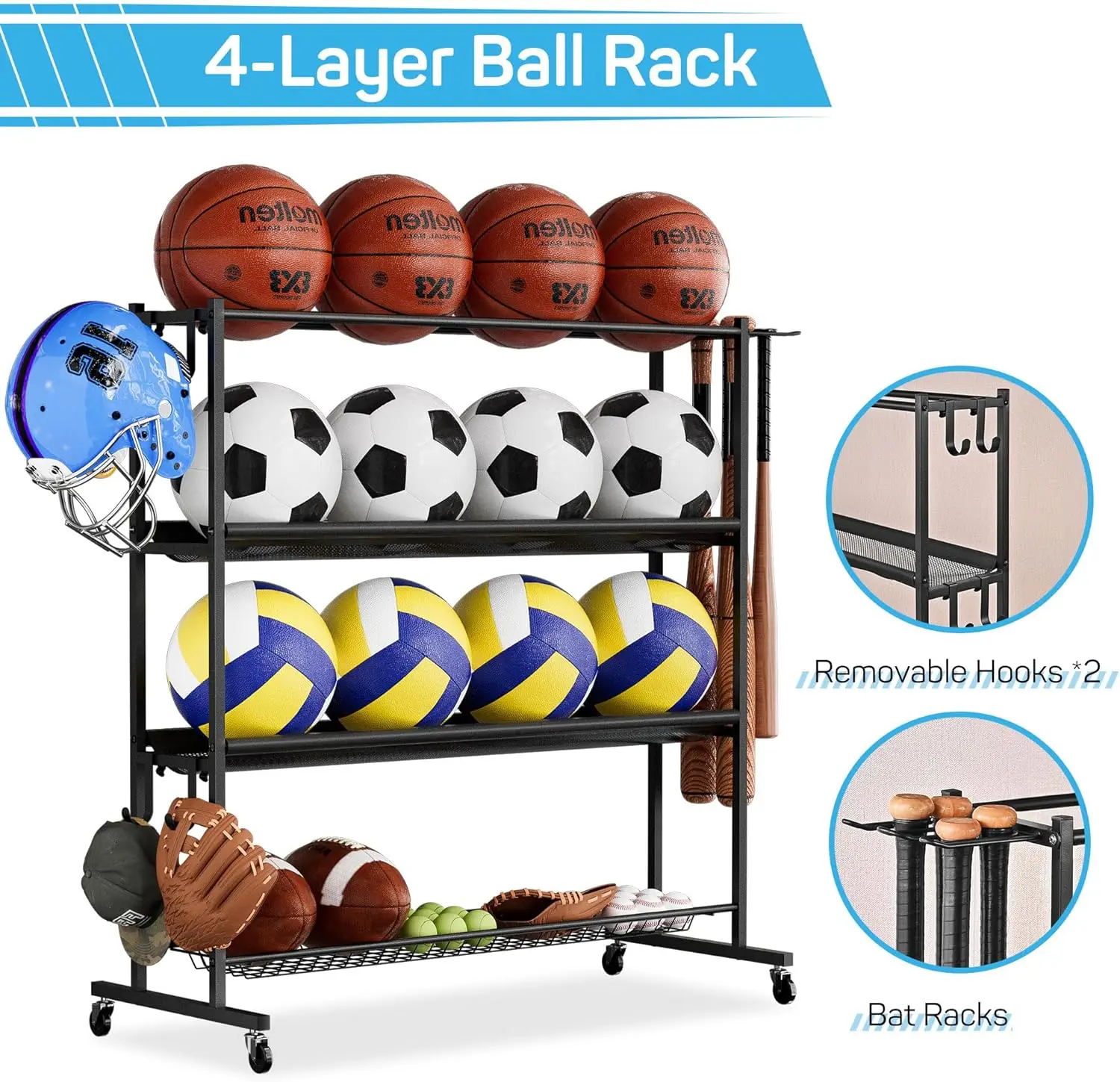 Storage Basketball Rack with Baseball Bat Holder Rolling Ball rack for Various Ball Sizes for Football Basketball Volleyball