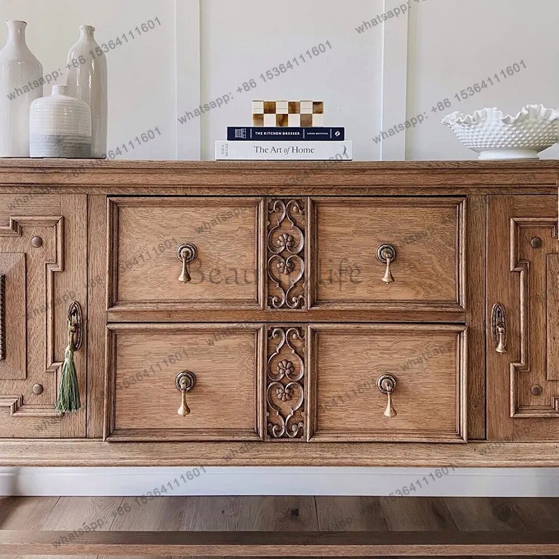 

French retro solid wood engraved entrance cabinet medieval living room storage and dining side cabinet