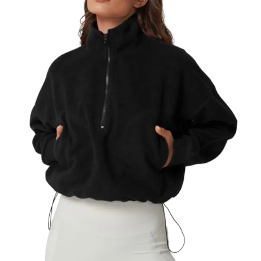 

QINSEN Women's Half Zip Fleece Short Pullover Sweatshirt Winter Long Sleeve Cozy Sherpa Sweater Top