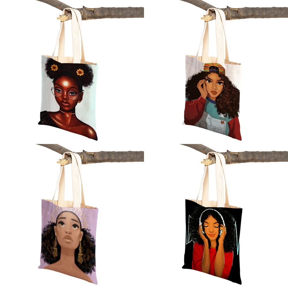 Black Lady Canvas Tote Handbag Reusable Fashion Cartoon Beautiful African Girl Double Print Casual Shopping Bag for Women