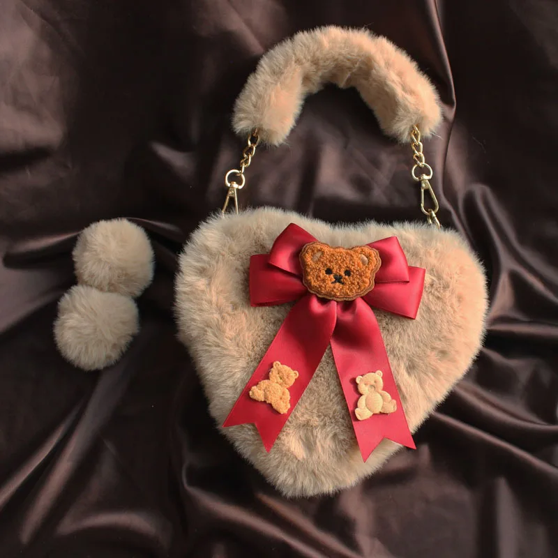 

New Lolita Heart Hand Bags for Woman Furry Little Bear Bag Cute Spliced Bow Bolso Crossbady Sac Femme Soft Bolsos De Mujer