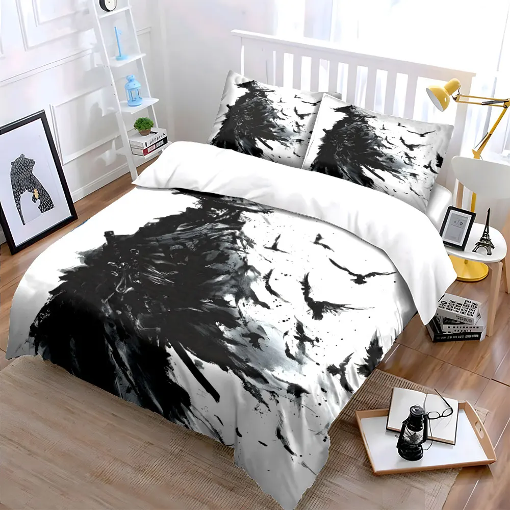 Ink-painted samurai with scattering birds Bedding Set for Kids Luxury Gift 3pcs Digital Print Comforter Set Soft Comfortable