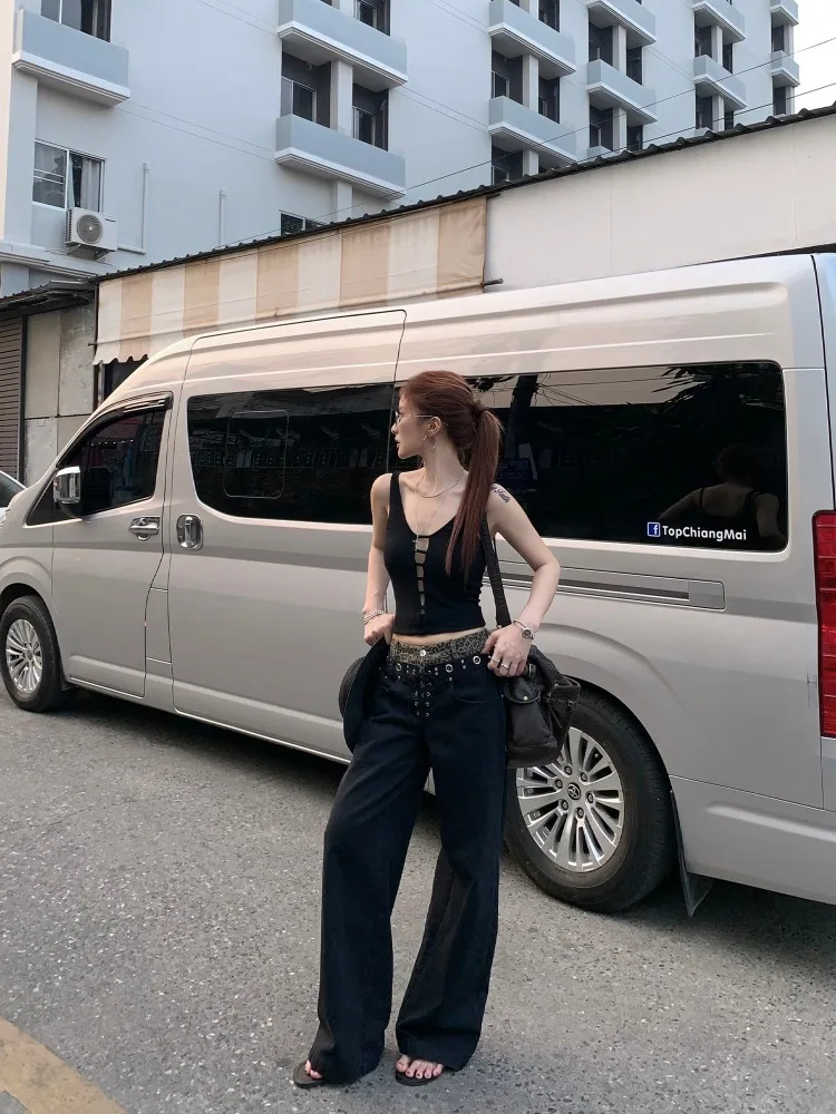 【FANGTING】Women Summer Leopard Print Wide Leg Casual Pants Spliced Waist Tie Design Retro Elegant Trousers