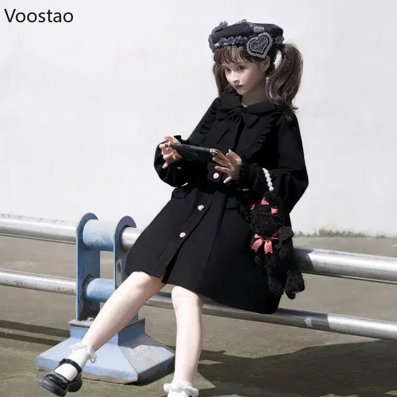 Autumn Japanese Sweet Lolita Style Woolen Coats Women Kawaii Bow Ruffles A-Line Loose Jackets Girly Harajuku Trend Outerwear