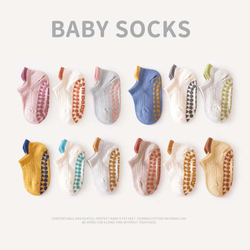 3 Pairs/pack Non-Skid Newborn Summer Socks Children 0-5T Breathable Mesh Cotton Gripper Ankle Socks Baby Boys Girls Floor Socks