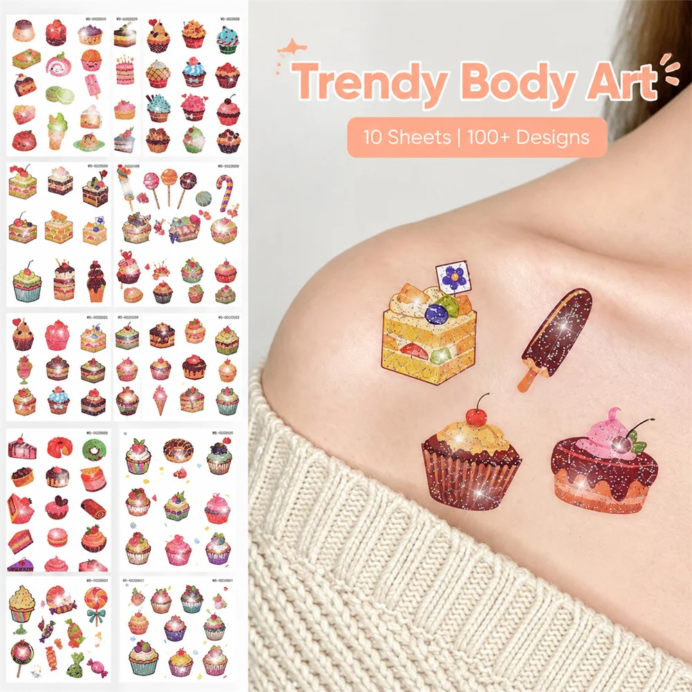 10Pcs Cake Dessert Glitter Temporary Tattoos Colorful Donut Ice‑Cream Candy Waterproof Body Stickers For Holiday DIY Body Decor