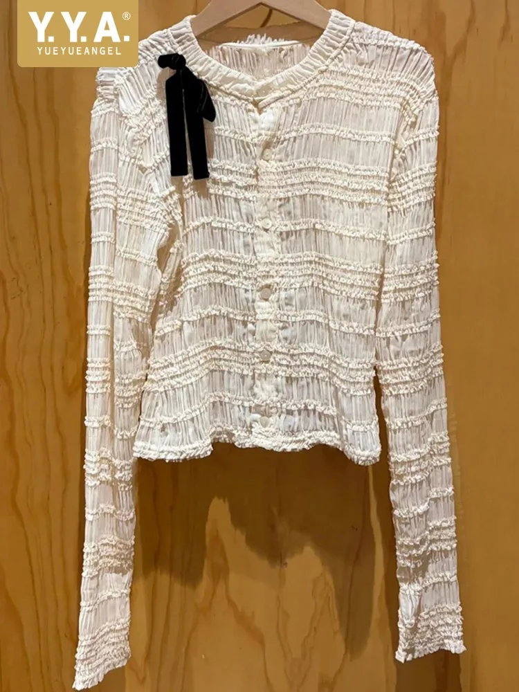 Office Female Solid Color Round Neck Long Sleeves Vest Versatile Ladies Single-Breasted Breathable Bow Knitted Outerwear