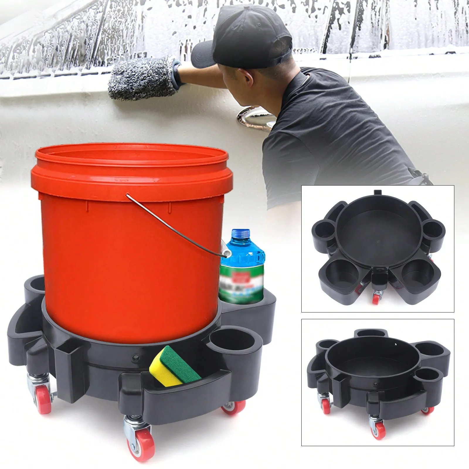 

5 Gallon Bucket Dolly Car Wash Heavy Duty Chemical Guys Bucket With 360° Wheel Casters-2 Locking Brake Wheel, 220-331LBS, Black
