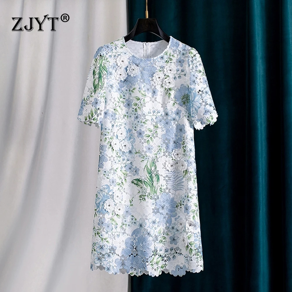 

ZJYT Summer Fashion Floral Print Hollow Out Lace Dress Women Short Sleeve Loose Waist Casual Mini Party Dresses Female Clothes