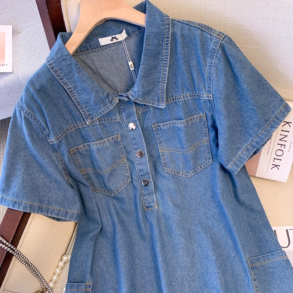 Plus-size women\'s Summer Casual Commute loose comfortable denim dress Blue solid color short sleeve pocket style long dress2024