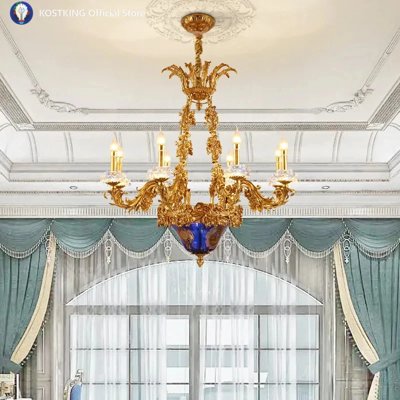 Italy - Style Elegant Floral Brass Luxury Home Lighting, Antique Blue Crystal - Adorned Indoor Hanging Pendant Light