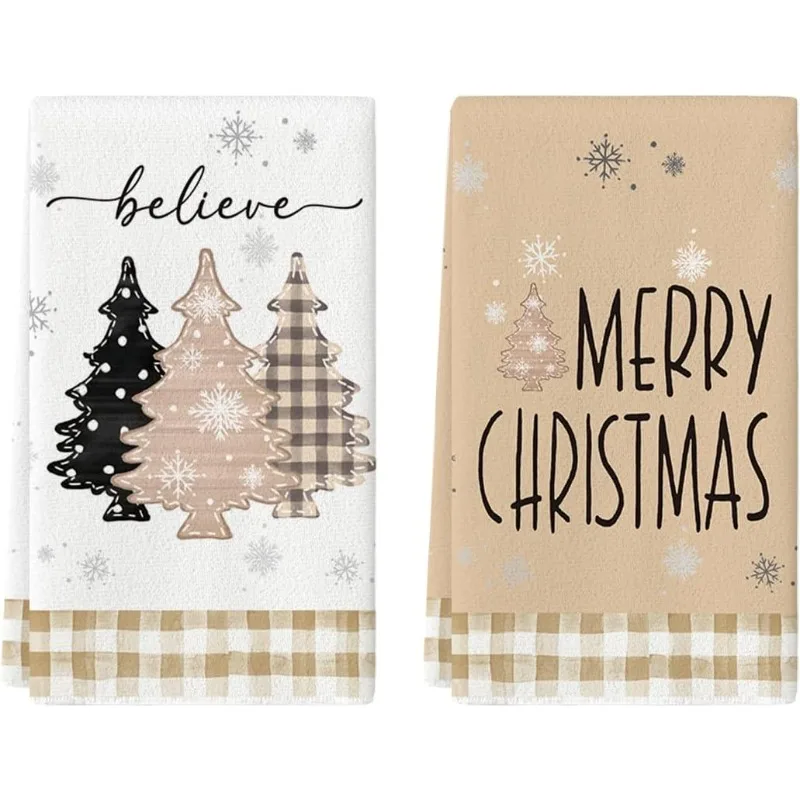 2 khaki plaid Christmas tree Christmas pattern kitchen towel scouring cloth dish towel