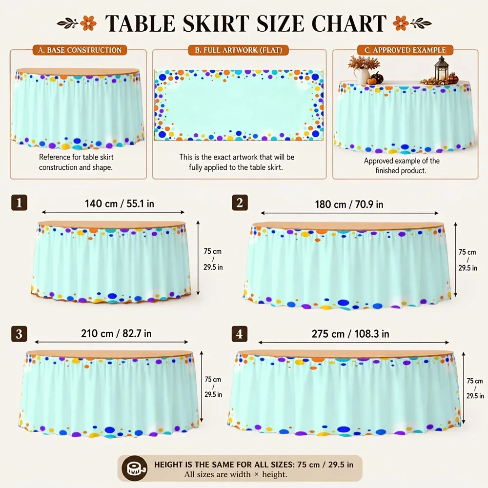 One table skirt tablecloth with printed polyester in bright colors, lively and modern, for decoration in a dining room.